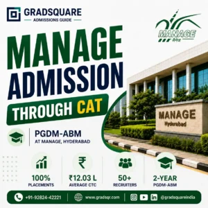 MANAGE Admission Through CAT 2026 infographic featuring PGDM-ABM, placements, average CTC, recruiters, and GradSquare.
