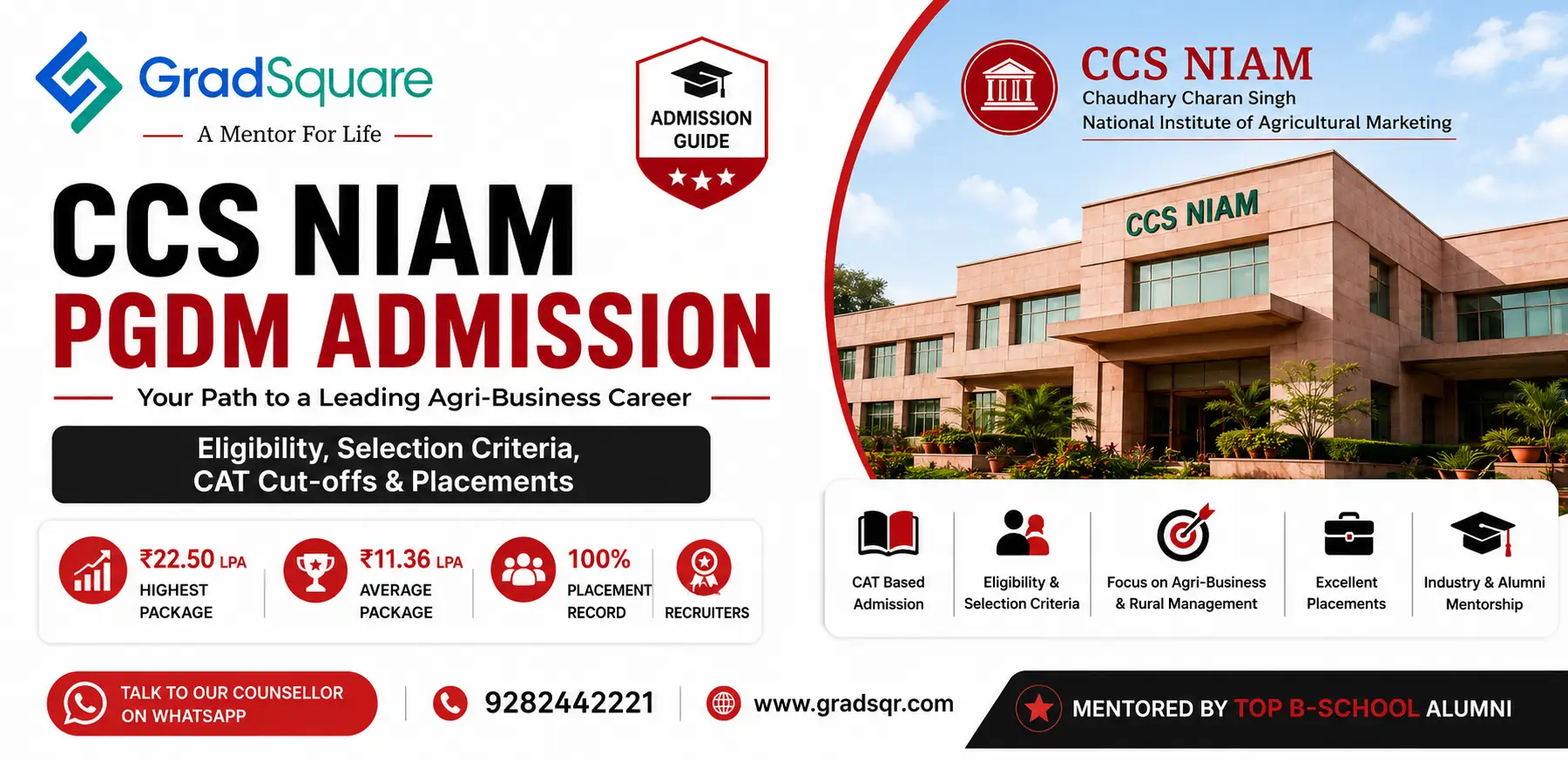 Feature image for CCS NIAM PGDM Admission highlighting eligibility, CAT cut off, selection criteria, and placement details with the CCS NIAM campus.