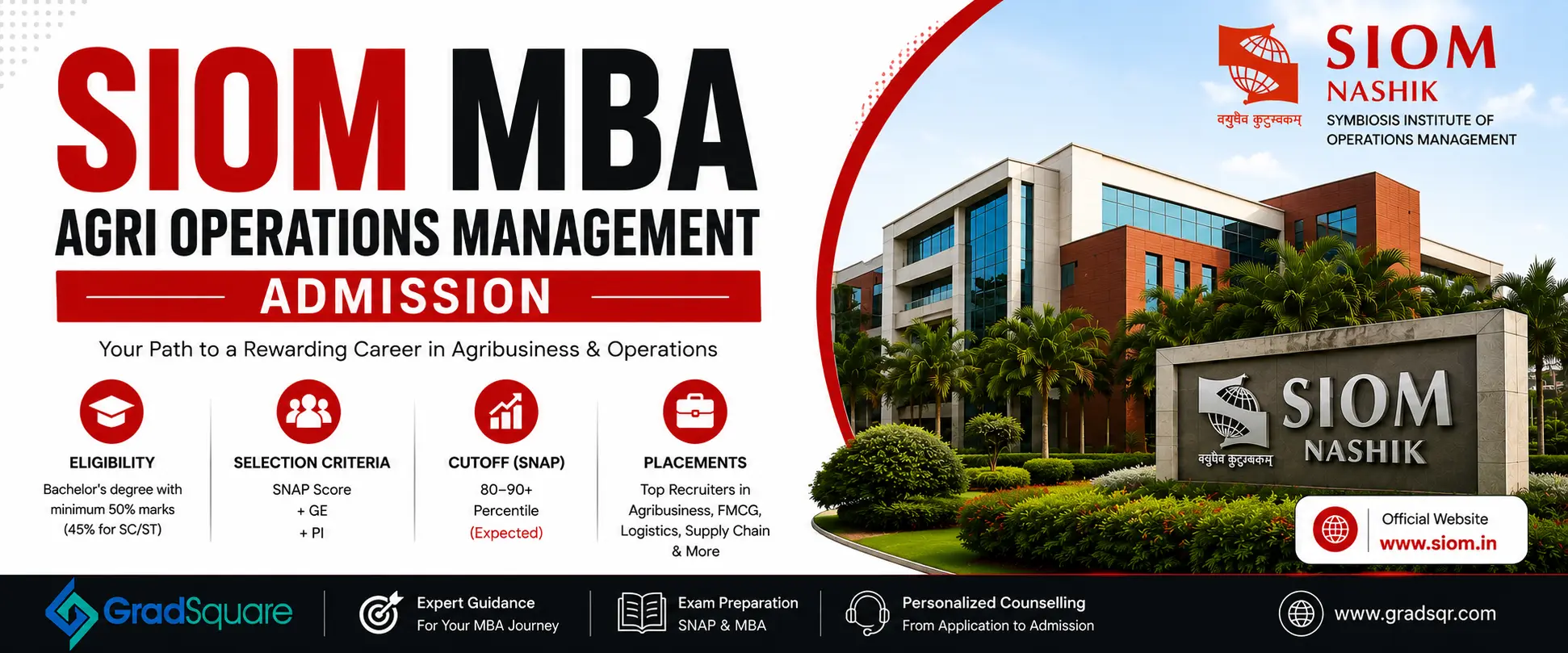 SIOM MBA Agri Operations Management Admission 2026 infographic featuring eligibility, selection criteria, SNAP cutoff, placements, SIOM Nashik campus, and GradSquare branding.