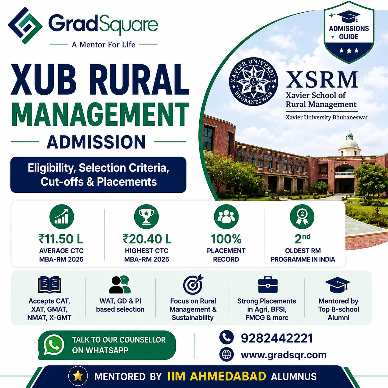 XUB Rural Management admission banner with eligibility, selection process, cutoffs and placements.