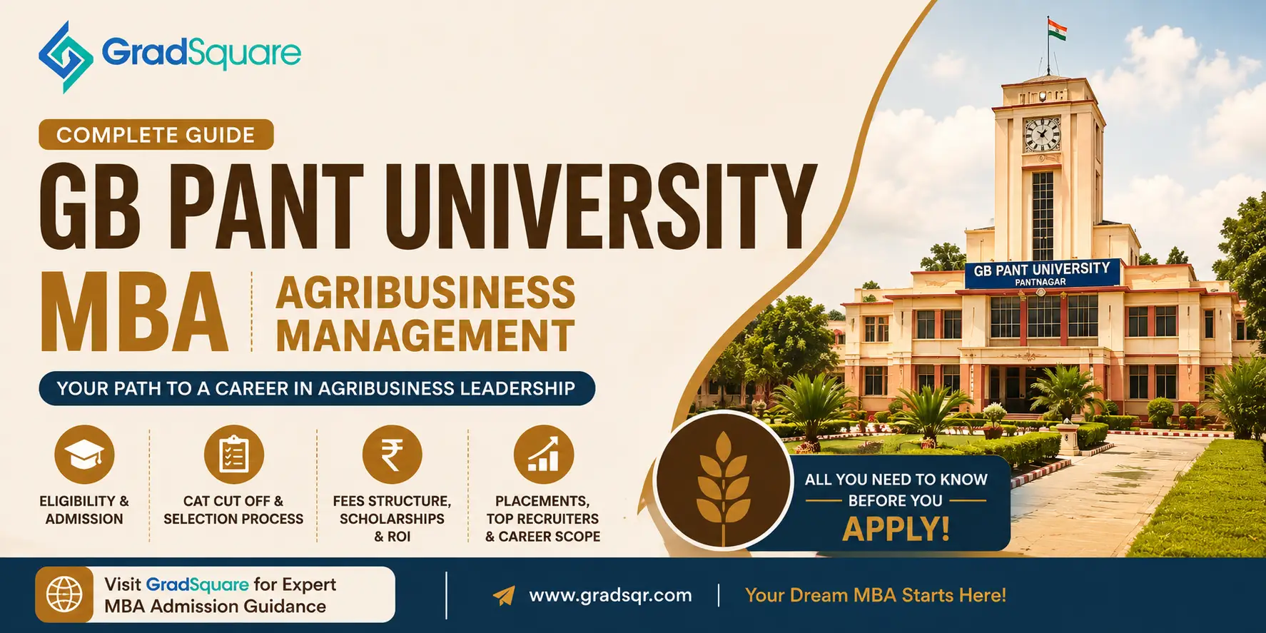 GB Pant University MBA Agribusiness Management Admission 2026 mobile banner by GradSquare featuring eligibility, CAT cut off, fees, placements, selection process, and career opportunities in agribusiness management.