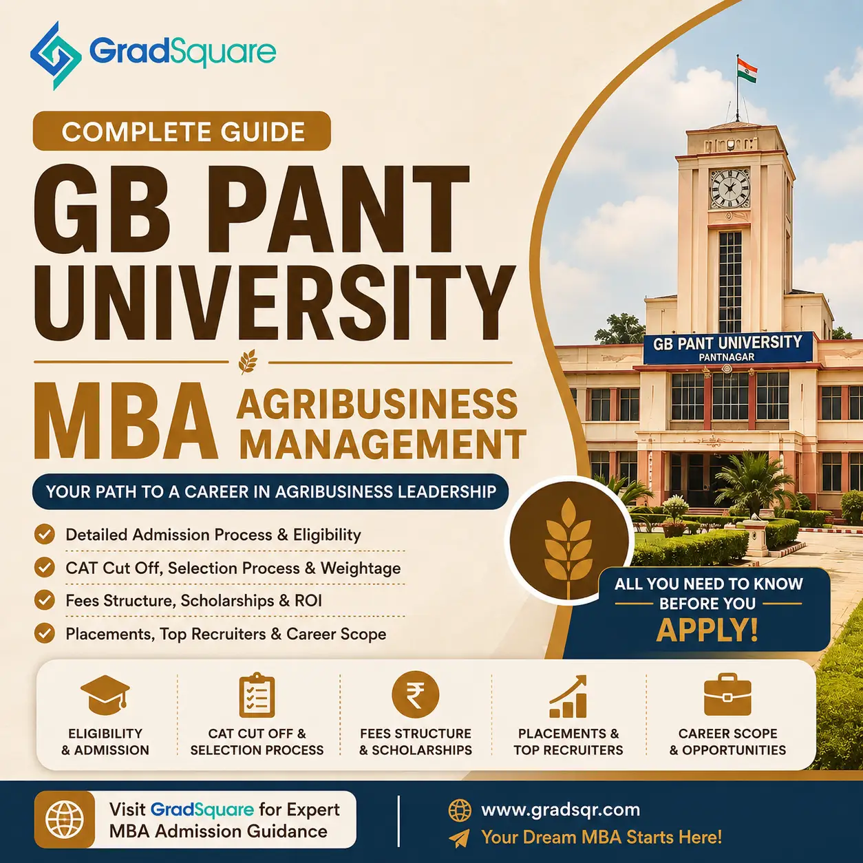 GB Pant University MBA Agribusiness Management Admission 2026 mobile banner by GradSquare featuring eligibility, CAT cut off, fees, placements, selection process, and career opportunities in agribusiness management.