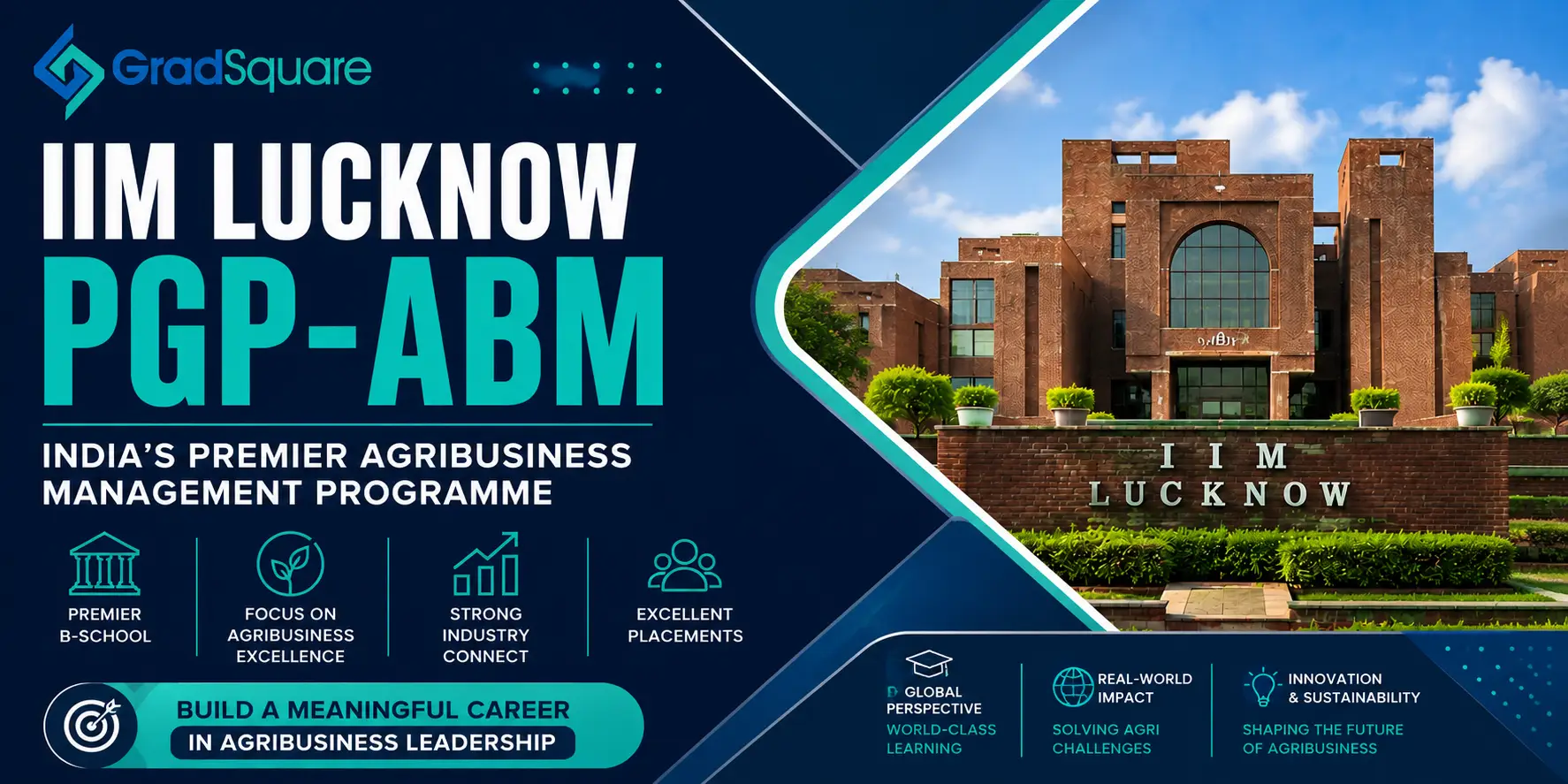 GradSquare IIM Lucknow PGP-ABM Admission guide web banner featuring the IIM Lucknow campus with information on CAT eligibility, admissions, and MBA in Agribusiness Management.