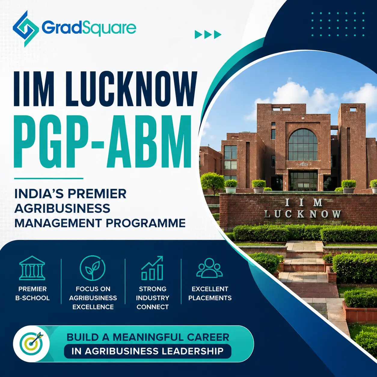 GradSquare IIM Lucknow PGP-ABM Admission guide web banner featuring the IIM Lucknow campus with information on CAT eligibility, admissions, and MBA in Agribusiness Management.