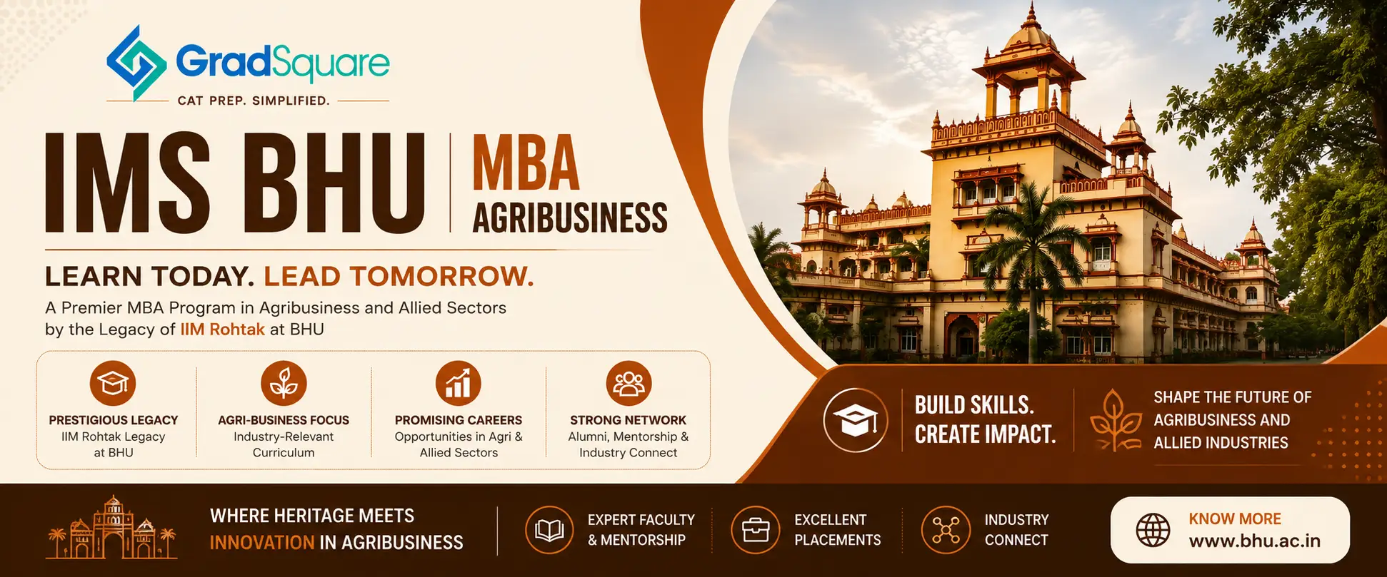 IMS BHU MBA Agribusiness Admission cover banner by GradSquare featuring Banaras Hindu University campus, CAT admission guidance, agribusiness MBA programme highlights, and brown-orange themed design.