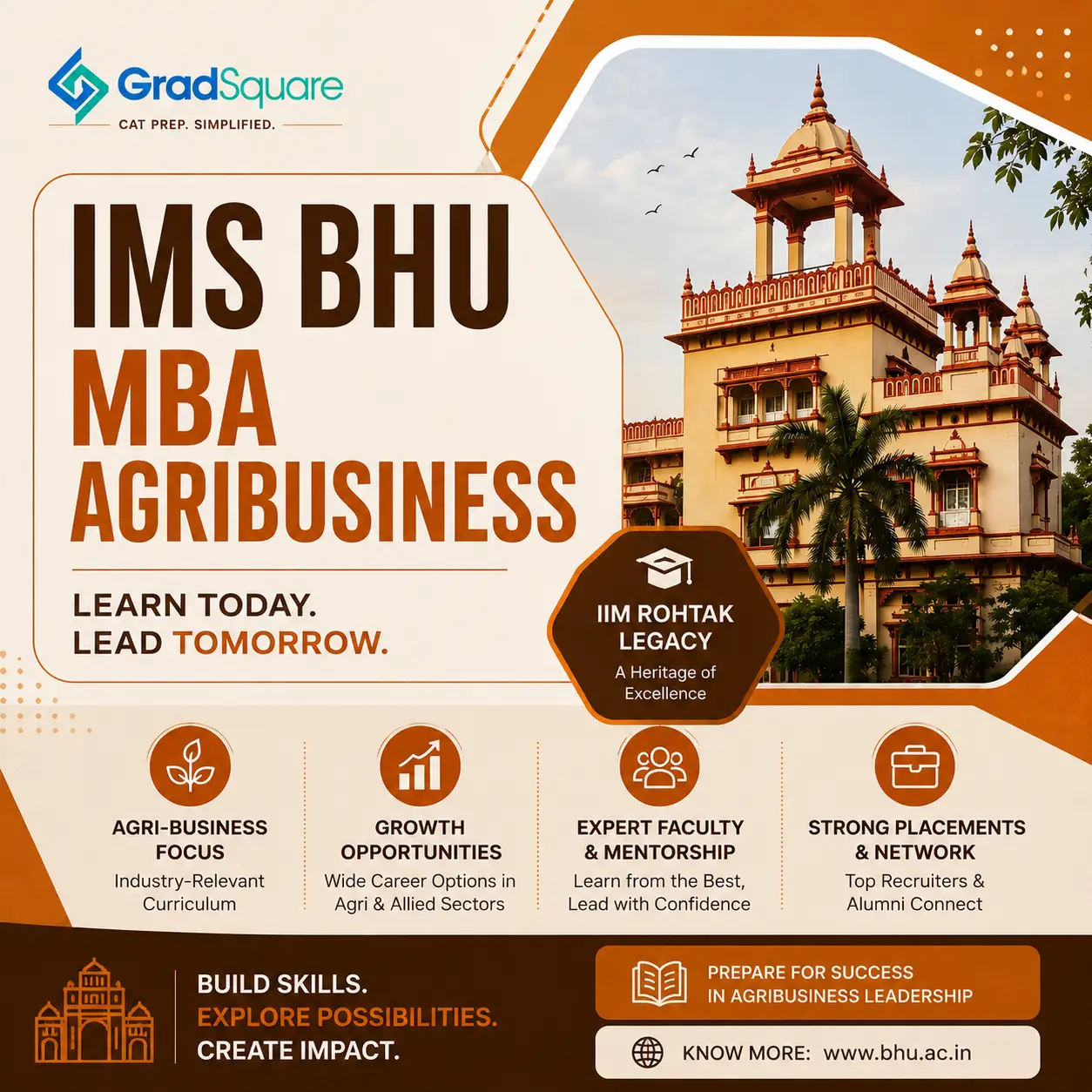IMS BHU MBA Agribusiness Admission cover banner by GradSquare featuring Banaras Hindu University campus, CAT admission guidance, agribusiness MBA programme highlights, and brown-orange themed design.