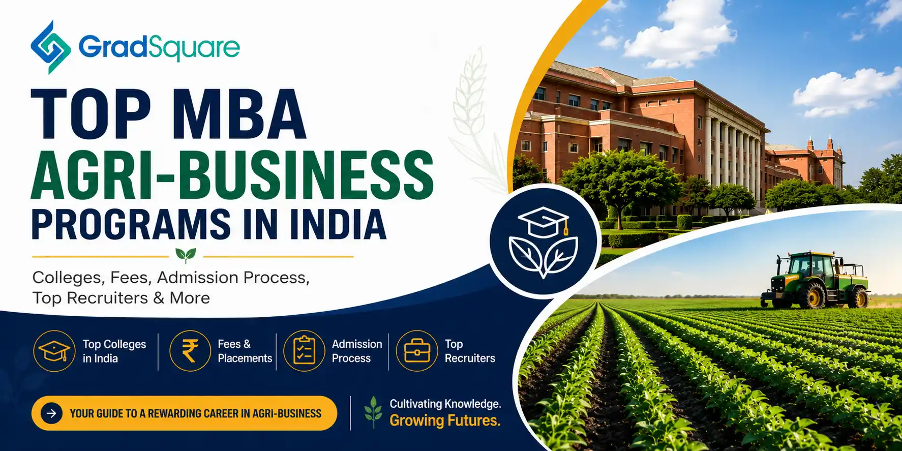 GradSquare cover featuring top MBA agri-business programs in India, with college campus and agricultural field imagery, highlighting colleges, fees, admissions, placements and recruiters.