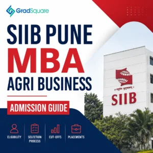 SIIB Pune MBA Agri Business Admission Guide banner featuring GradSquare branding, eligibility, SNAP selection process, fees, cut-offs, placement highlights, and SIIB Pune campus.