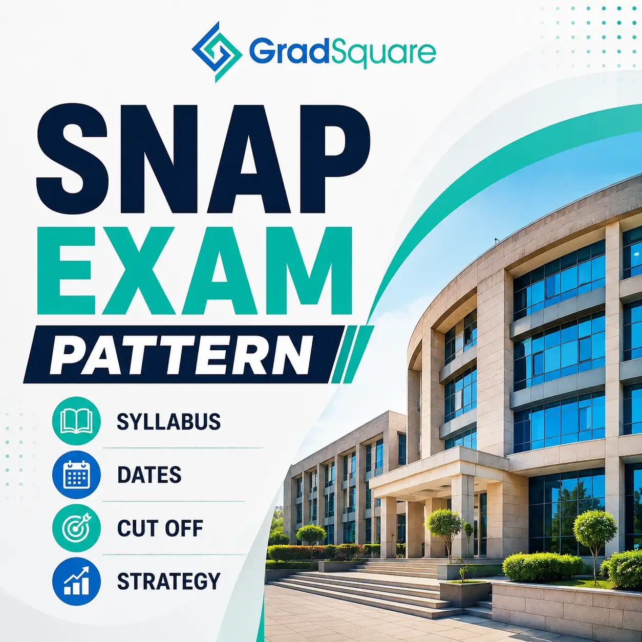 SNAP exam pattern guide featuring a business school campus and GradSquare logo with syllabus, dates, cut off and strategy highlights.