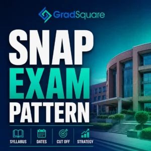 SNAP exam pattern guide featuring a business school campus and GradSquare logo with syllabus, dates, cut off and strategy highlights.