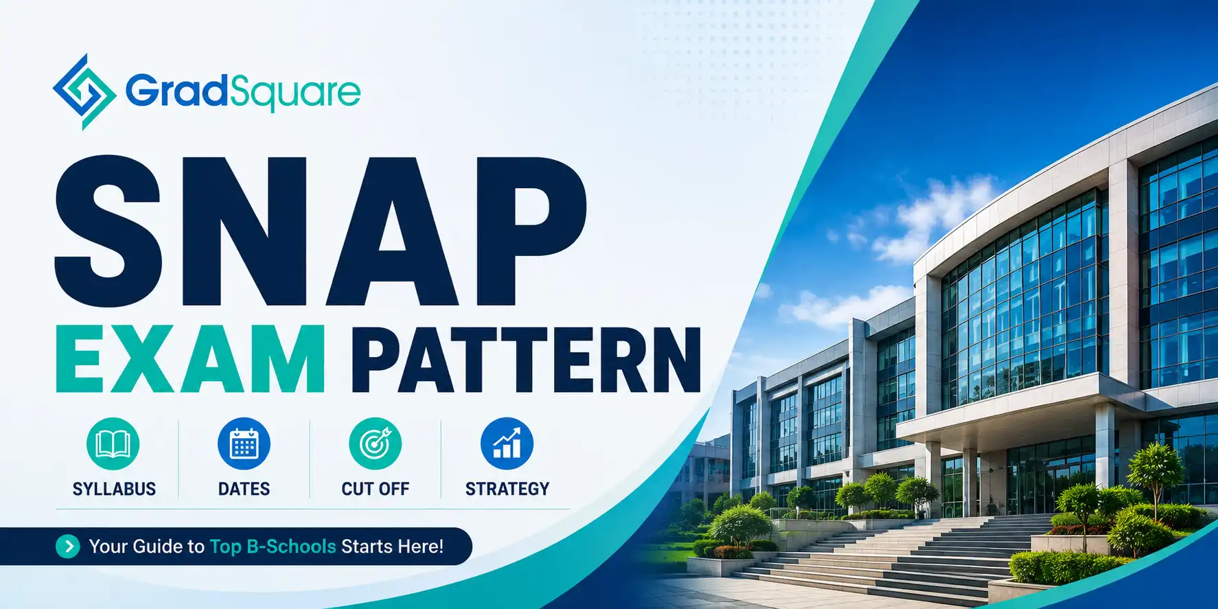 SNAP exam pattern guide featuring a business school campus and GradSquare logo with syllabus, dates, cut off and strategy highlights.