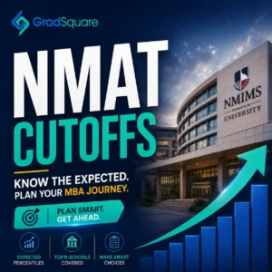 NMAT cutoffs promotional poster featuring GradSquare branding, NMIMS campus, expected percentiles, top B-schools, smart MBA planning, and a “Plan Smart. Get Ahead.” call-to-action.