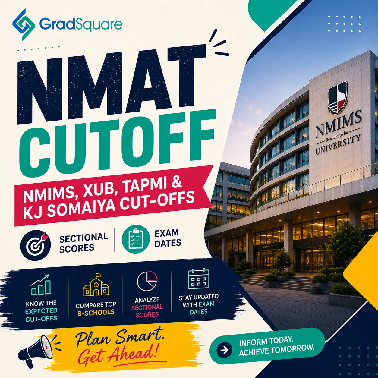 NMAT cutoffs promotional poster featuring GradSquare branding, NMIMS campus, expected percentiles, top B-schools, smart MBA planning, and a “Plan Smart. Get Ahead.” call-to-action.